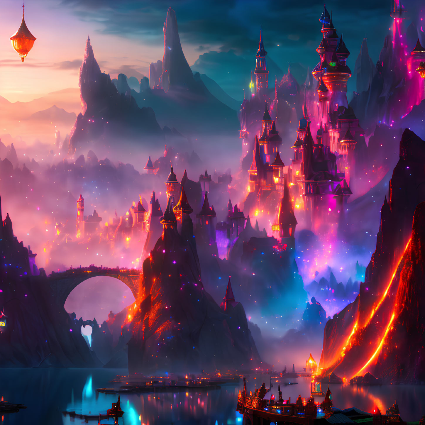 Fantasy landscape with neon lights, castles, floating islands, airships, and misty river