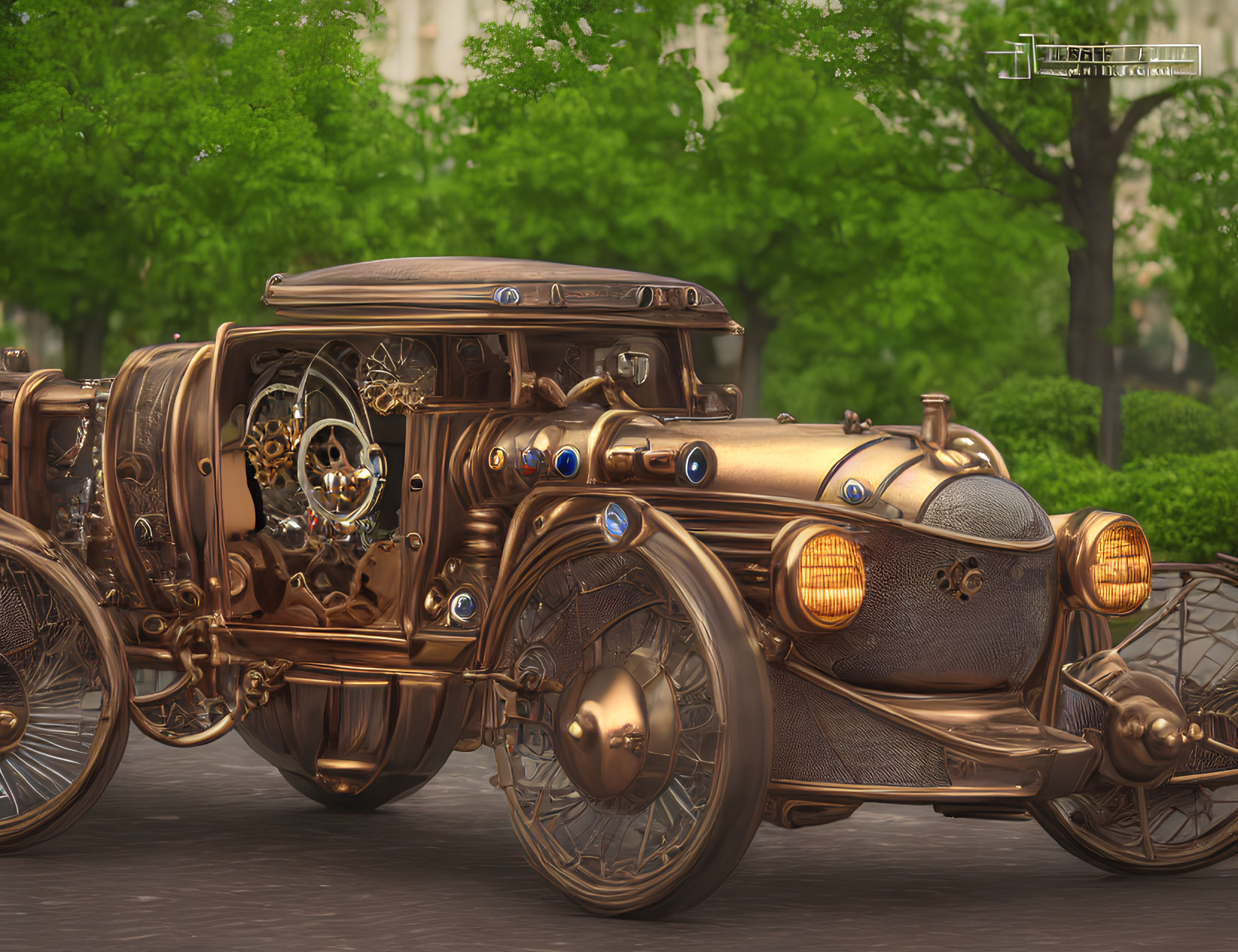Intricate steampunk vehicle with metallic cogs in scenic setting