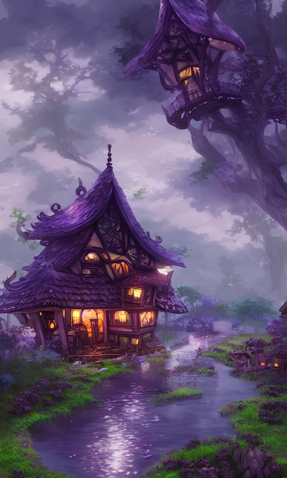 Purple-hued fantasy treehouse by tranquil stream amid mystical flora
