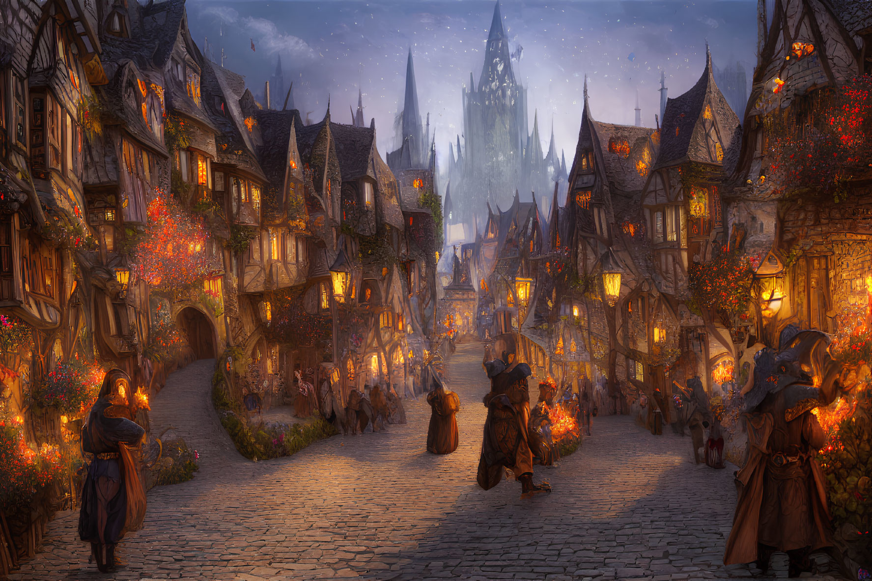 Medieval village with cobblestone streets, townsfolk, and castle in foggy twilight