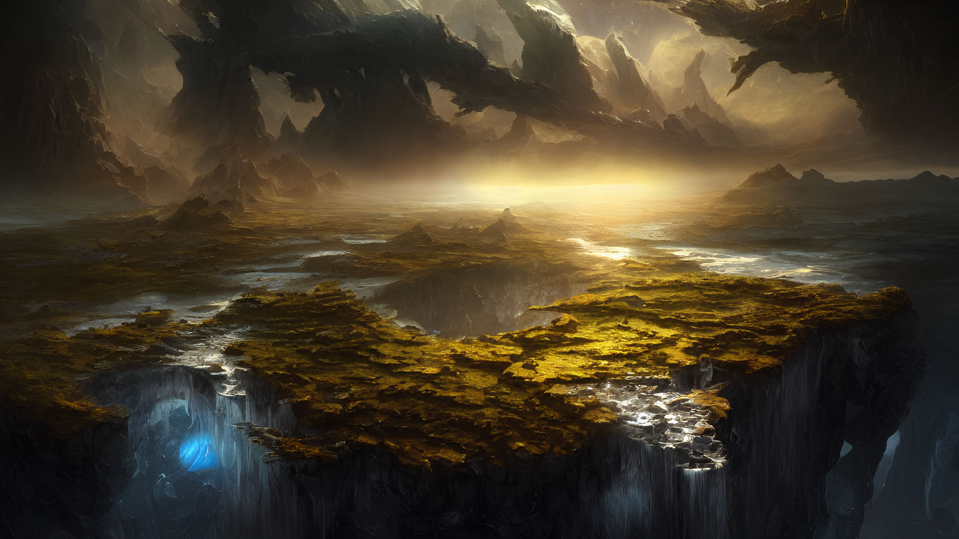 Mystical landscape with towering rock formations and glowing sun over misty waterfalls.