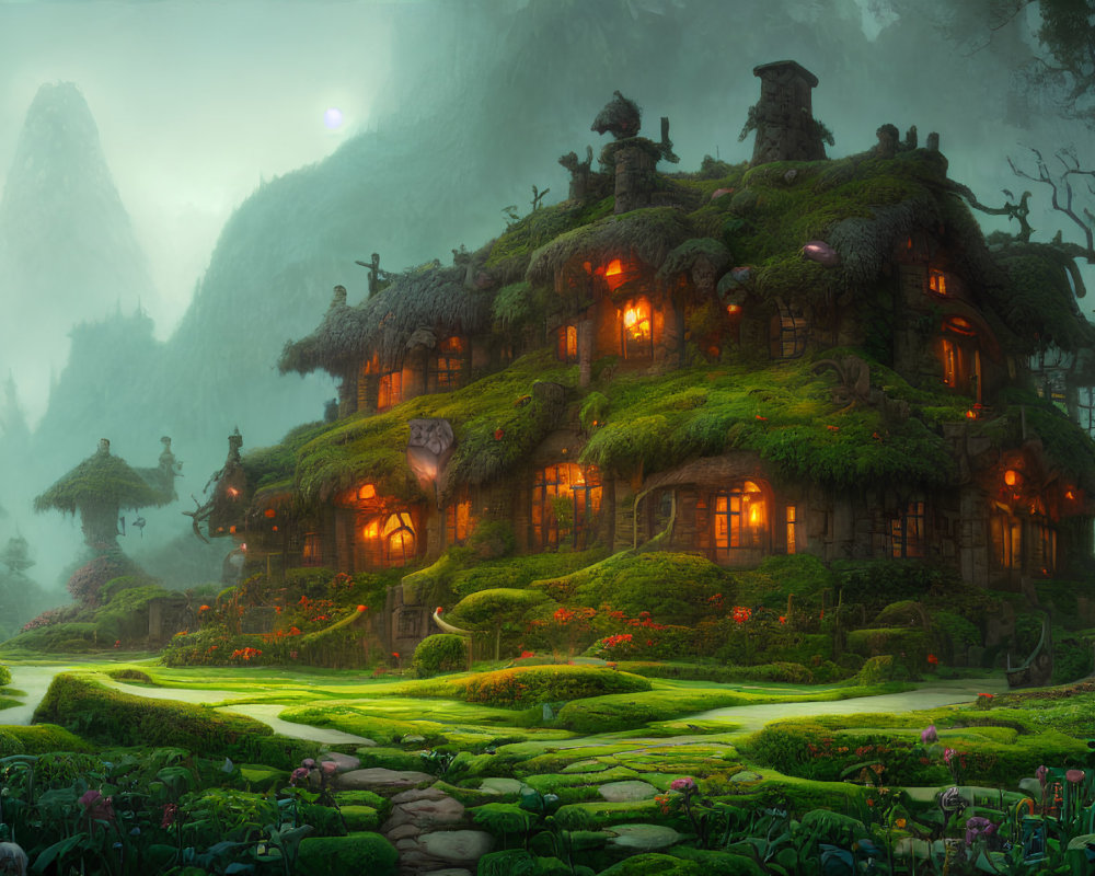 Enchanted forest landscape with whimsical cottages and misty surroundings