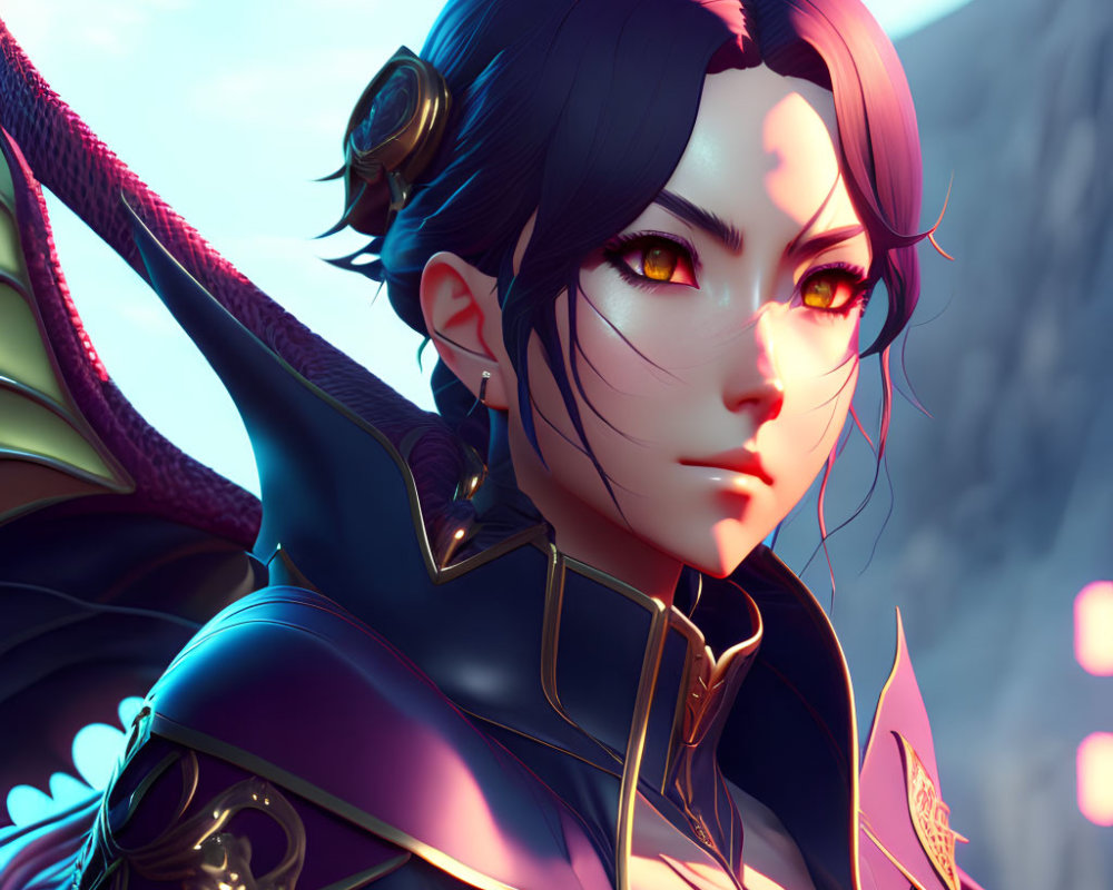 Fantasy female warrior digital portrait with black hair, golden eyes, blue armor, and pink blossoms