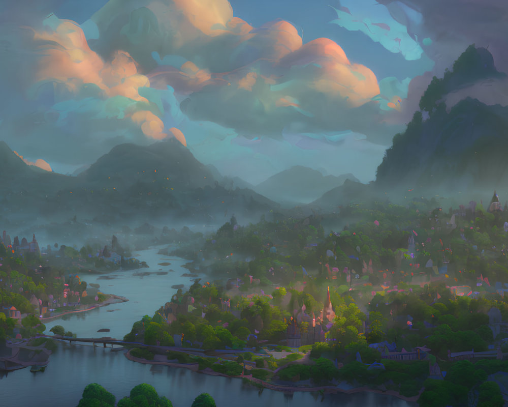 Pastel clouds over river and village in serene fantasy landscape