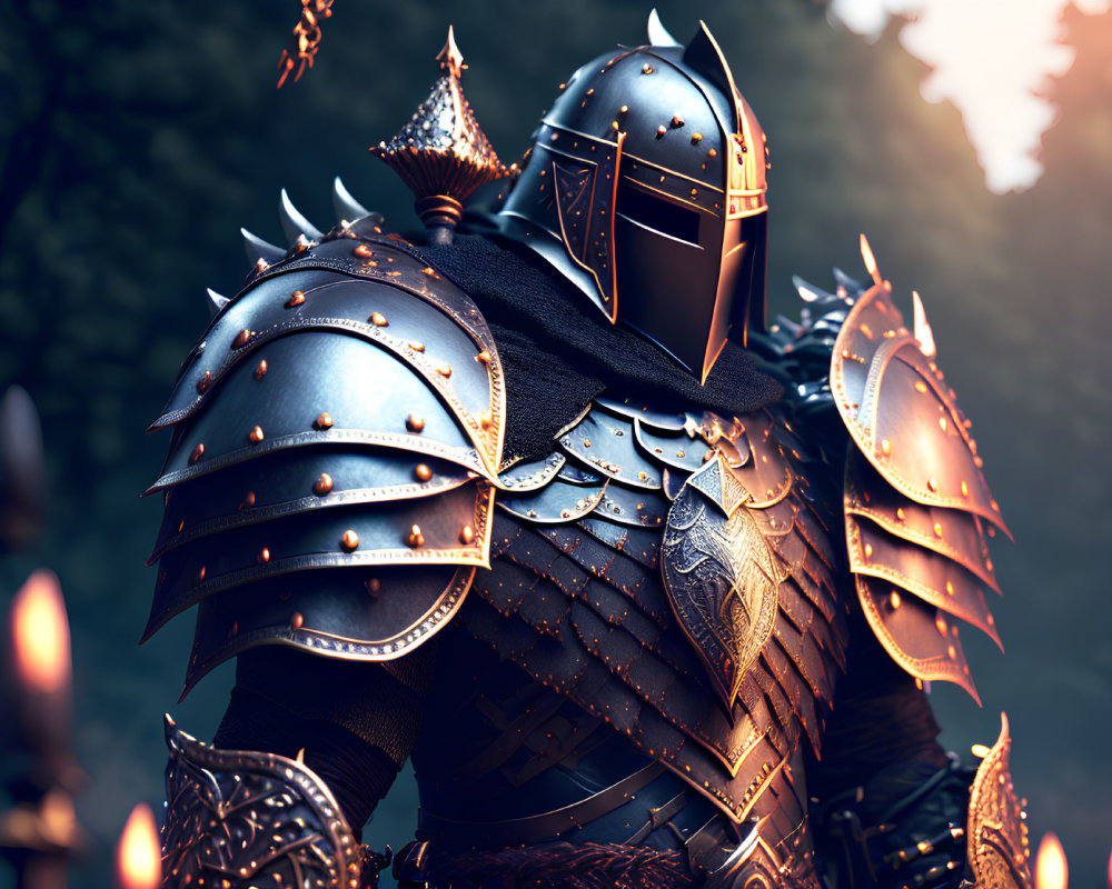 Knight in ornate gleaming armor under ambient light in dimly lit forest.