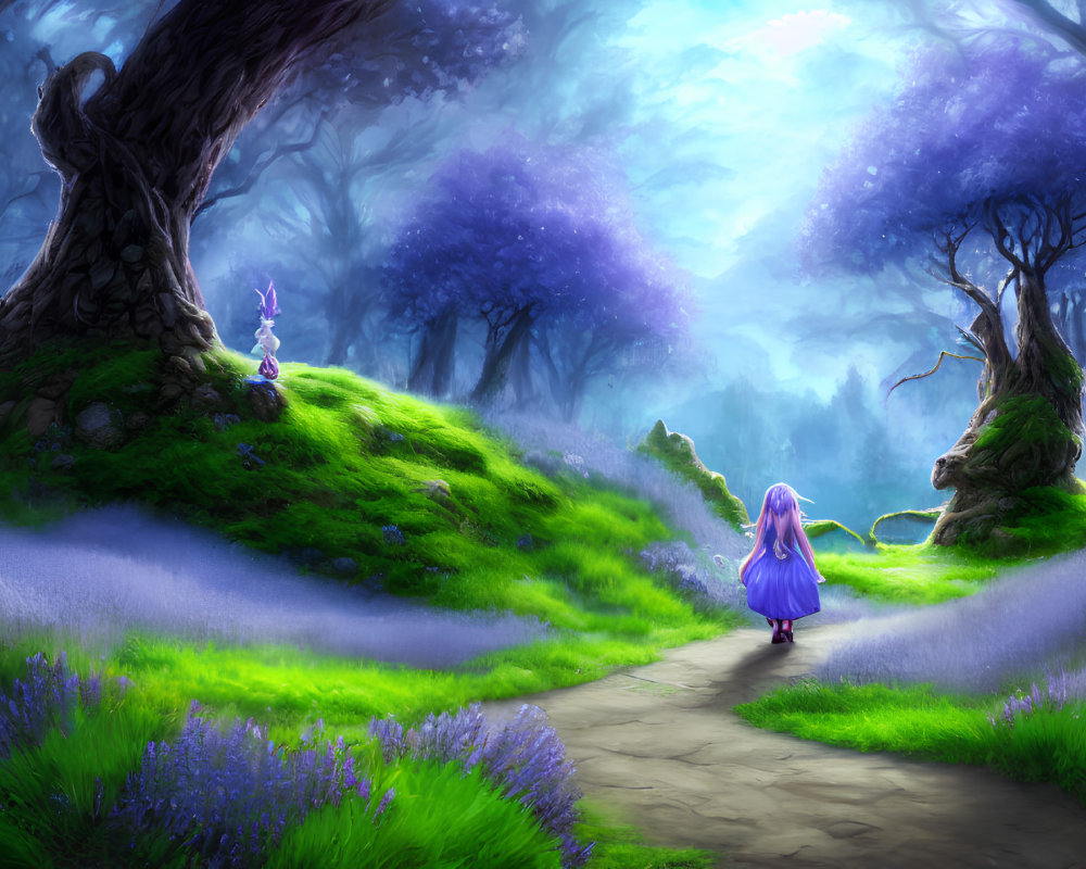 Blonde girl in blue dress walks through mystical forest