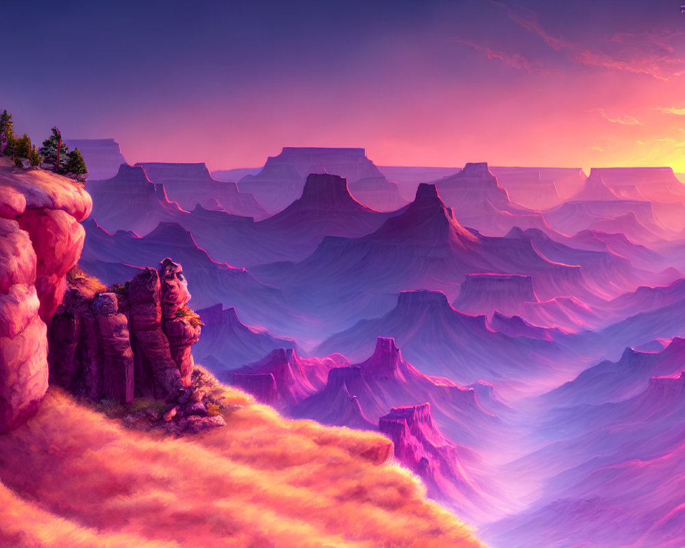Surreal canyon landscape with purple and orange hues