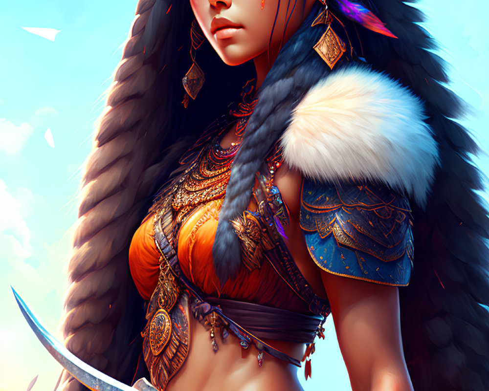 Female warrior digital artwork with blue face paint, feathered headdress, braided hair, and tribal