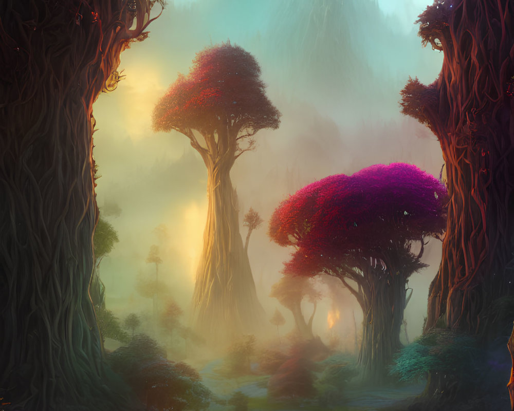 Enchanting forest scene with pink foliage, misty mountain, and illuminated path