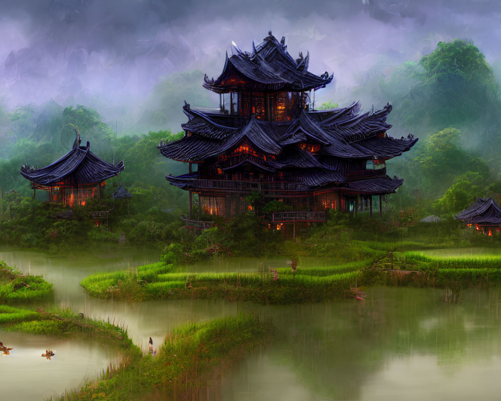 Scenic Asian-style buildings in misty mountain landscape