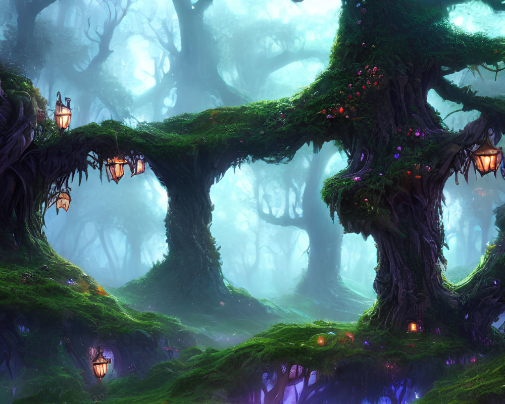 Digital artwork: Mystical forest with luminescent trees, hanging lanterns, cozy dwelling