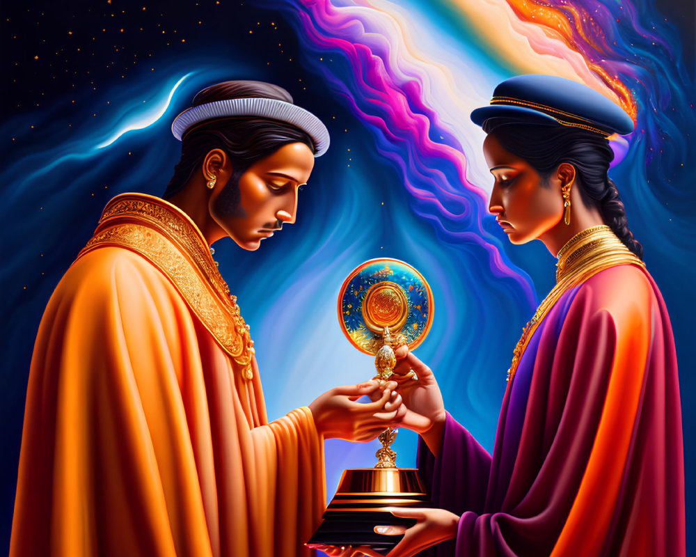 Stylized figures in ornate robes with radiant artifact on cosmic background