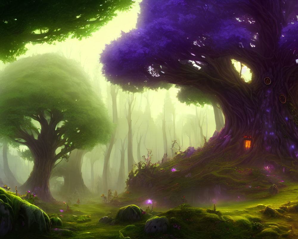 Vibrant green grass and purple trees in mystical forest scene