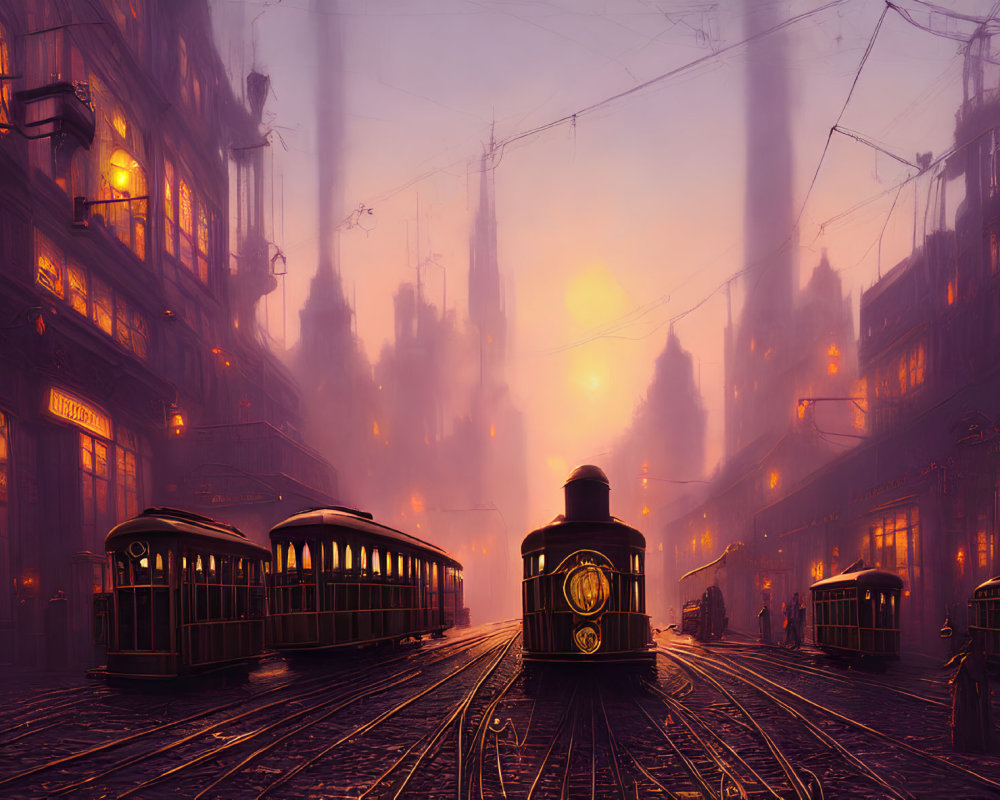 Vintage trams on foggy, lamp-lit street with towering silhouettes