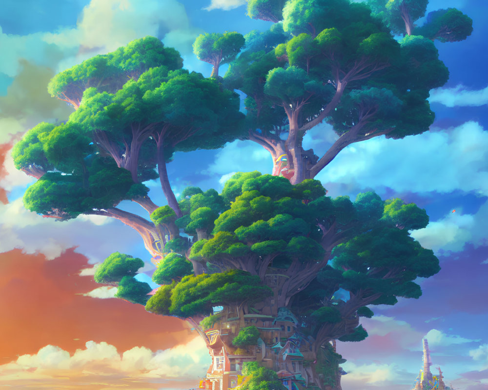 Towering tree with whimsical houses in lush green foliage