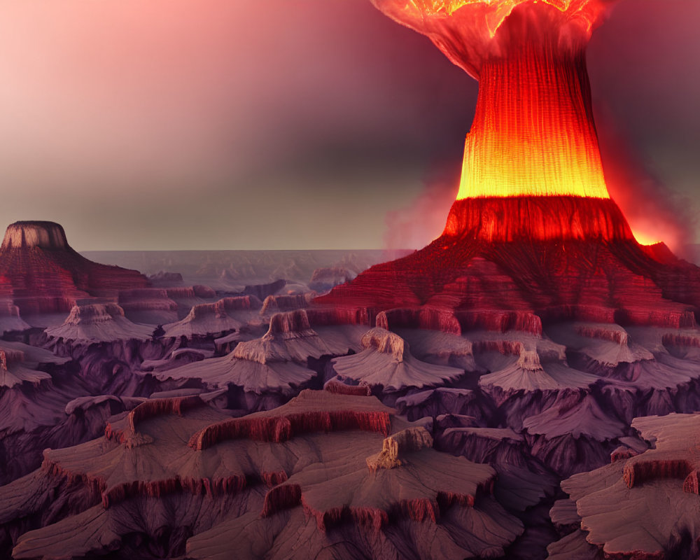 Erupting volcano with glowing lava in barren plateau landscape