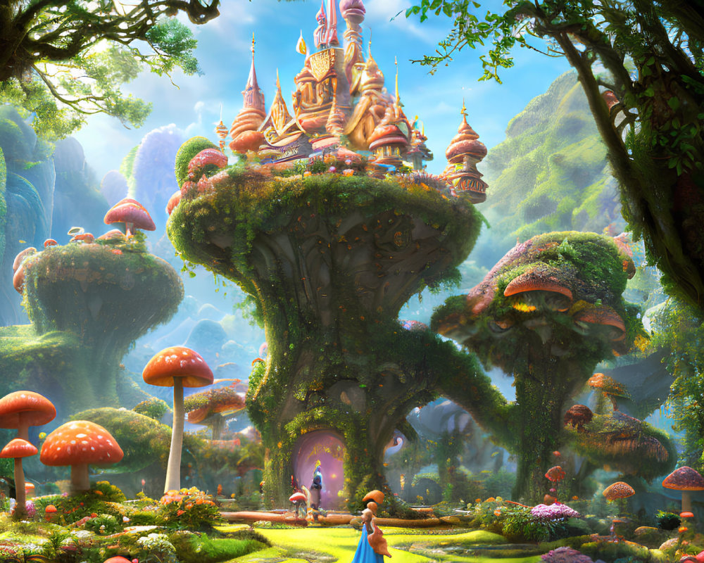 Fantasy landscape with mushroom trees, castle, figure in blue dress