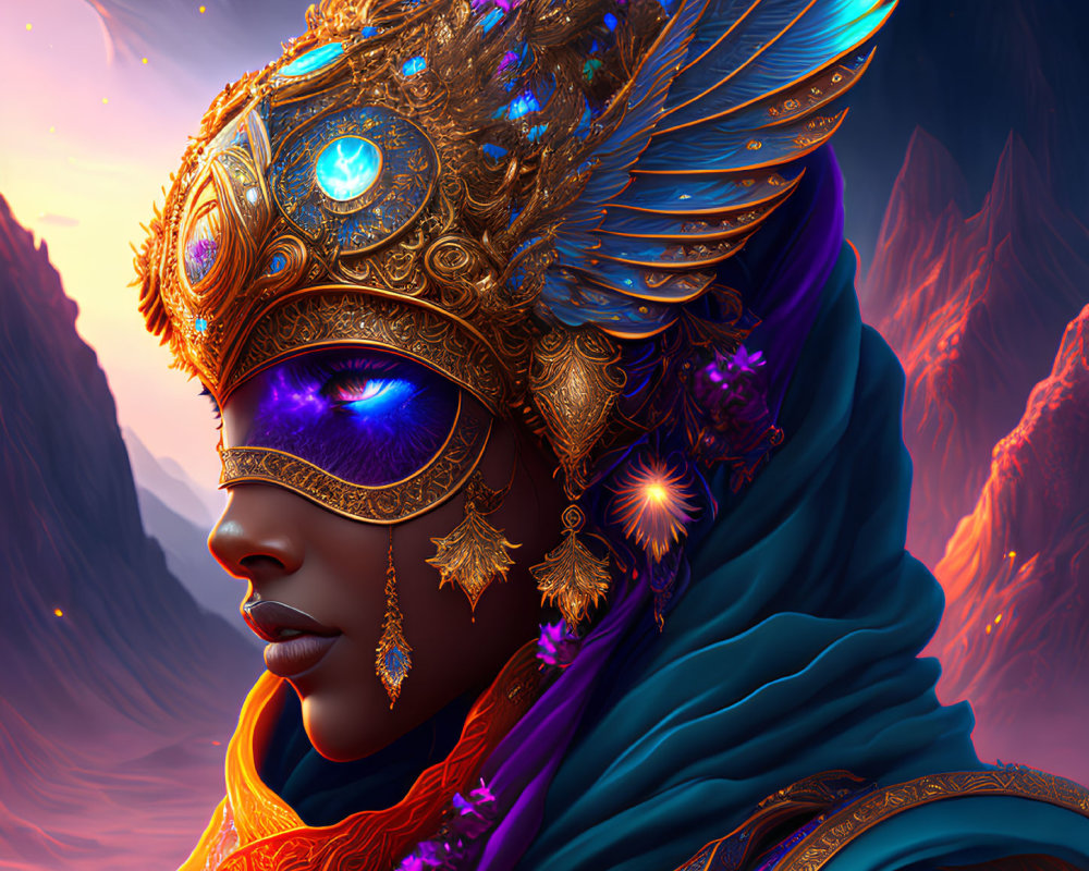 Colorful digital portrait of a woman with jeweled mask and headdress in vibrant golds, blues
