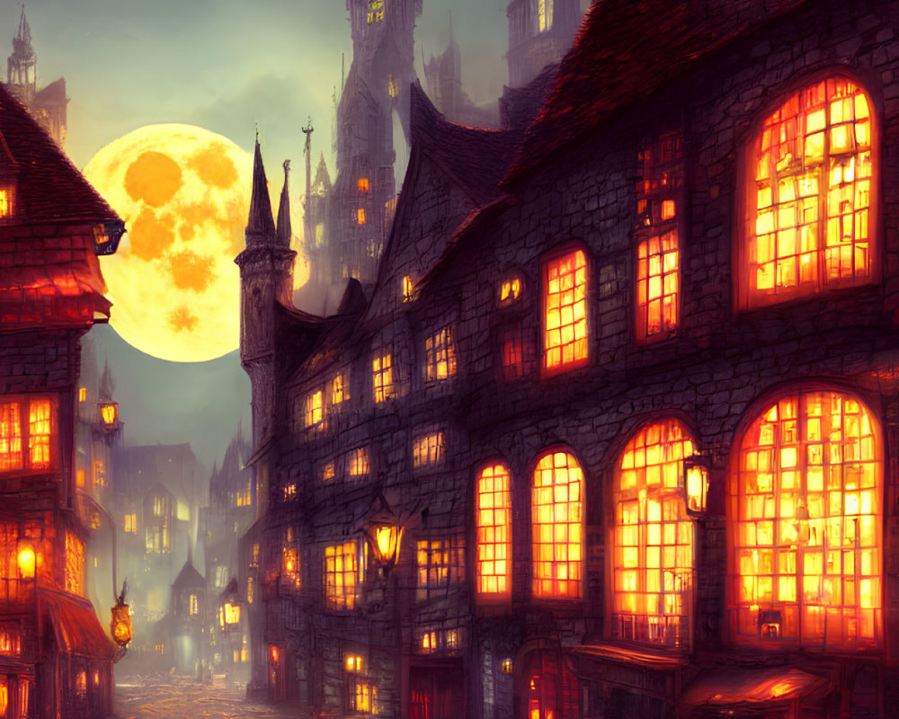 Fantastical cobblestone street with two moons in the sky