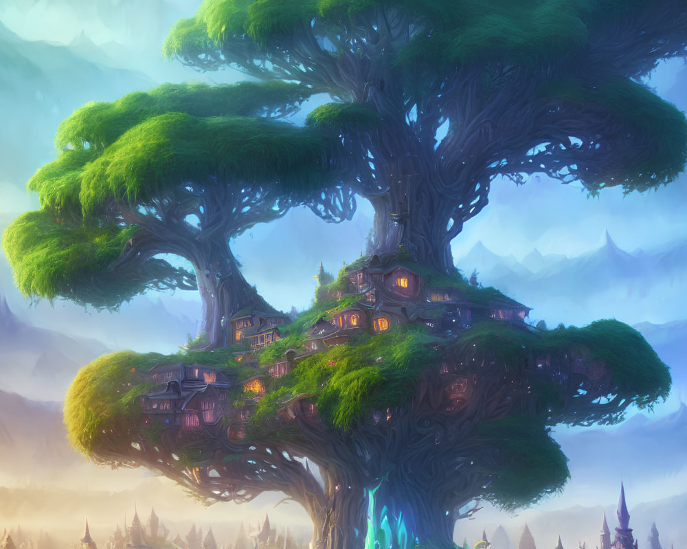 Whimsical artwork of magical tree with enchanted village in misty mountains