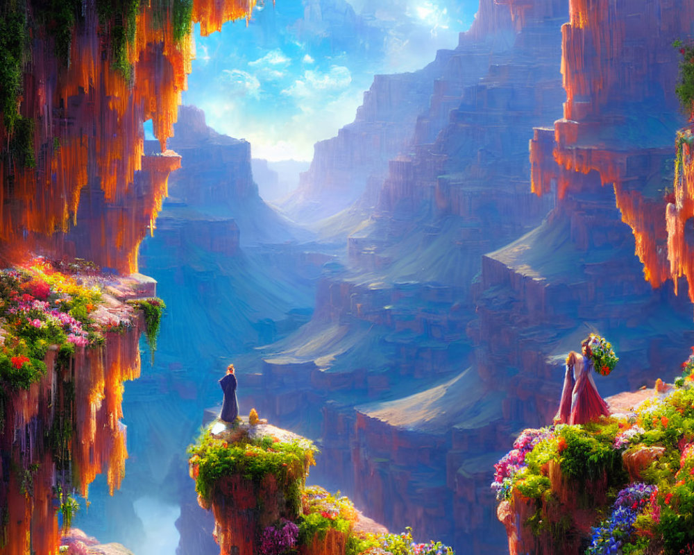 Fantastical canyon digital art with towering cliffs and figures on ledges
