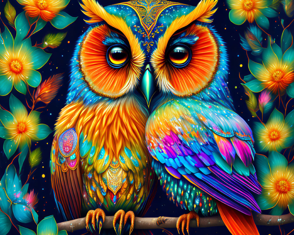 Colorful Owl Illustration on Branch with Luminous Flowers and Dark Blue Foliage