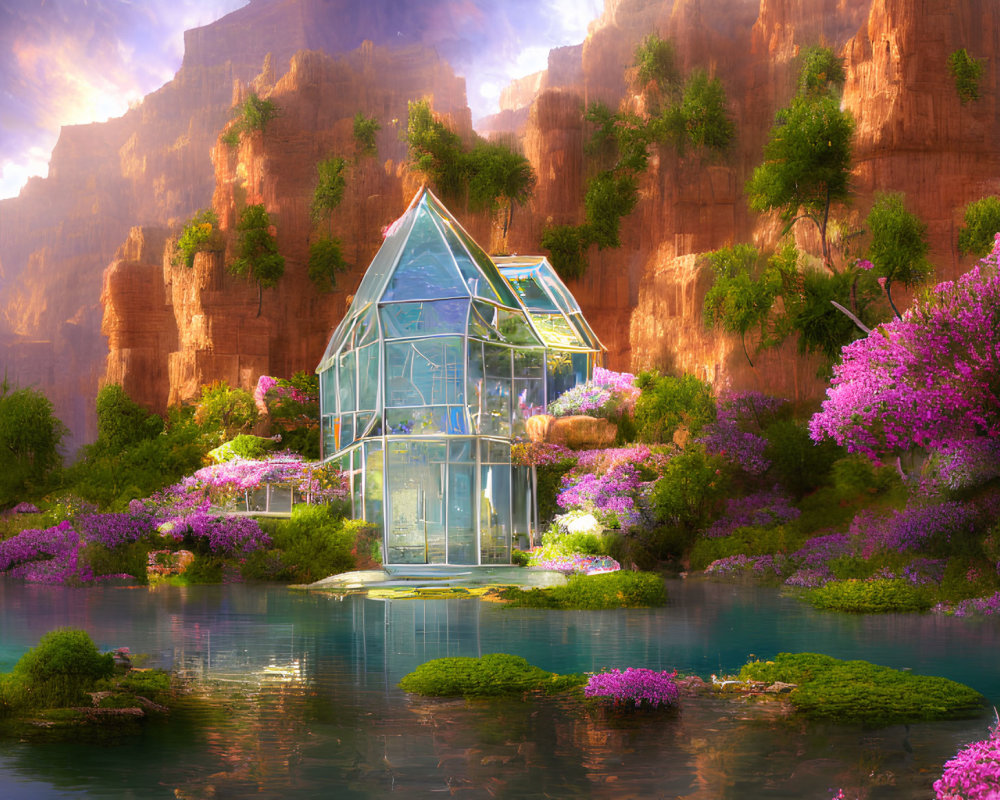 Tranquil Glasshouse Amidst Purple Flora and Sunset Cliffs