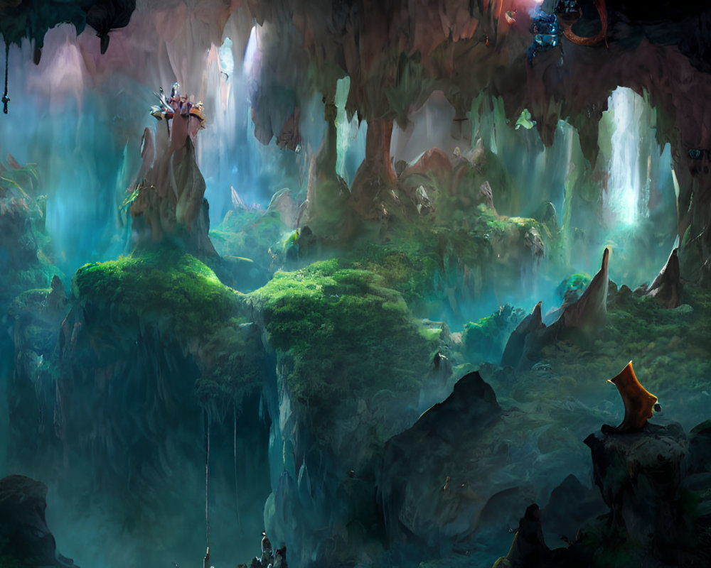 Enchanting underground cavern with waterfalls, glowing plants, mist, and solitary figure