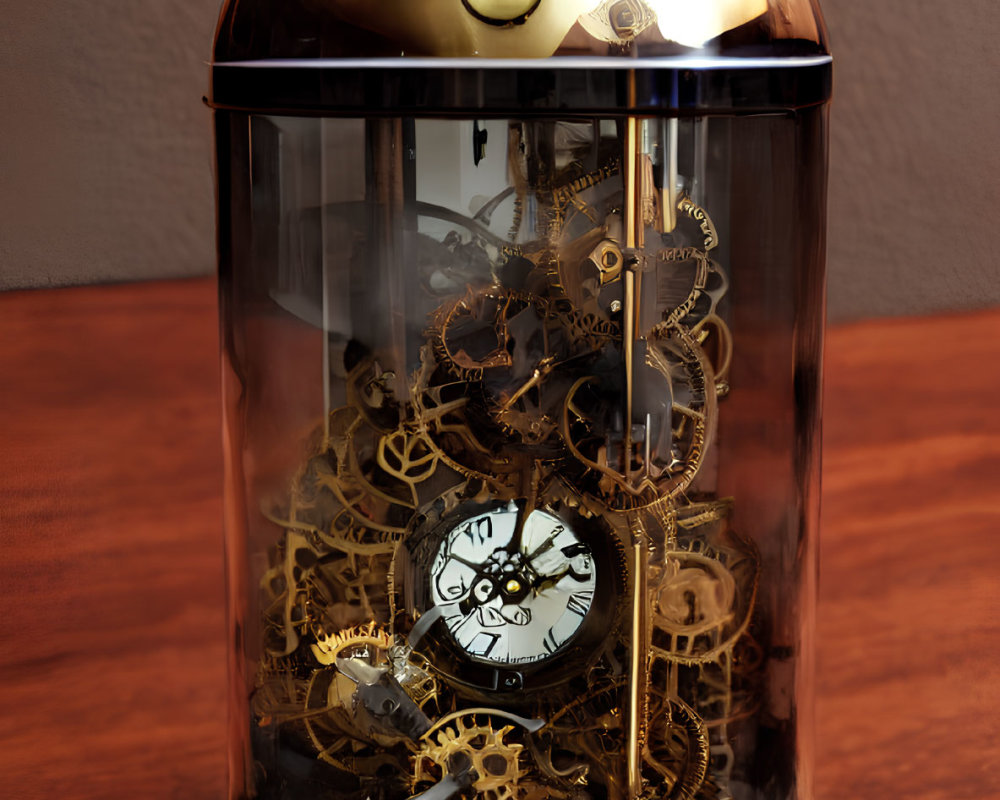 Mechanical Clock with Brass Accents and Visible Gears in Glass Dome