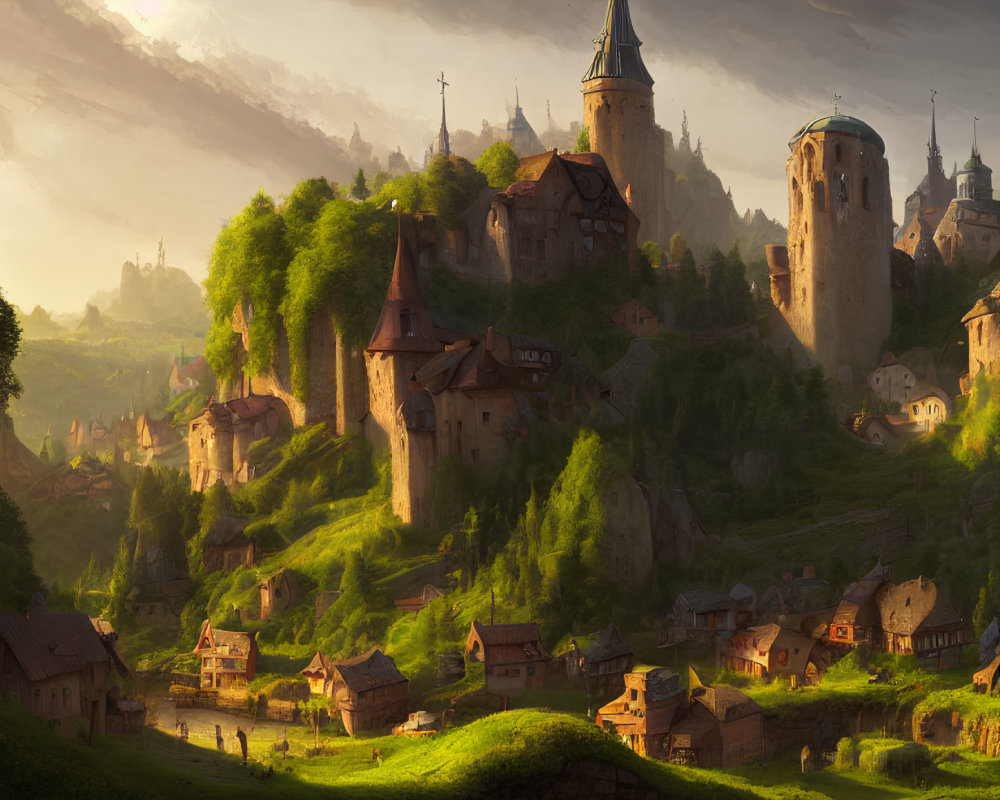 Tranquil fantasy village with rustic houses and castles in lush greenery