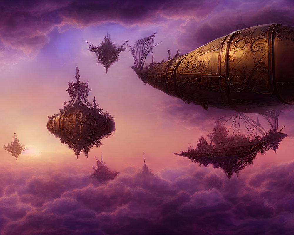 Ornate airships in purple sunset haze