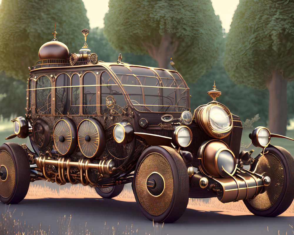 Vintage ornate vehicle with brass finishes and round windows parked on tree-lined road at twilight
