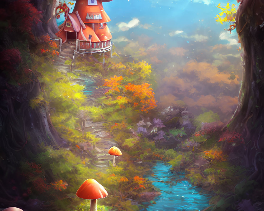 Enchanting fairy-tale landscape with mushroom house and autumn trees
