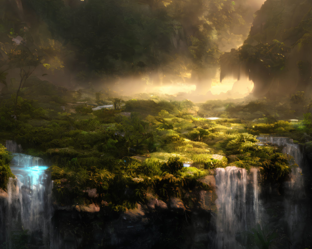 Mystical Sunlit Forest with Waterfalls and Glowing River