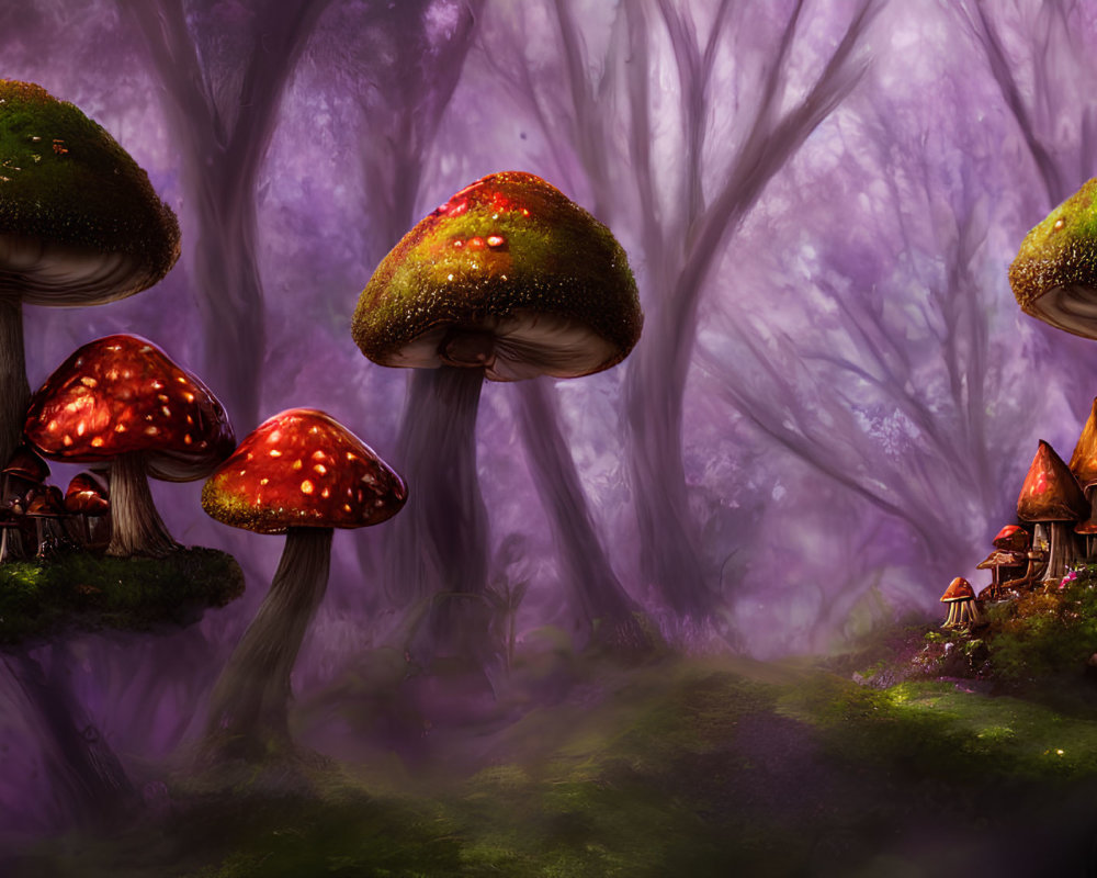 Whimsical oversized mushrooms in enchanted forest scene