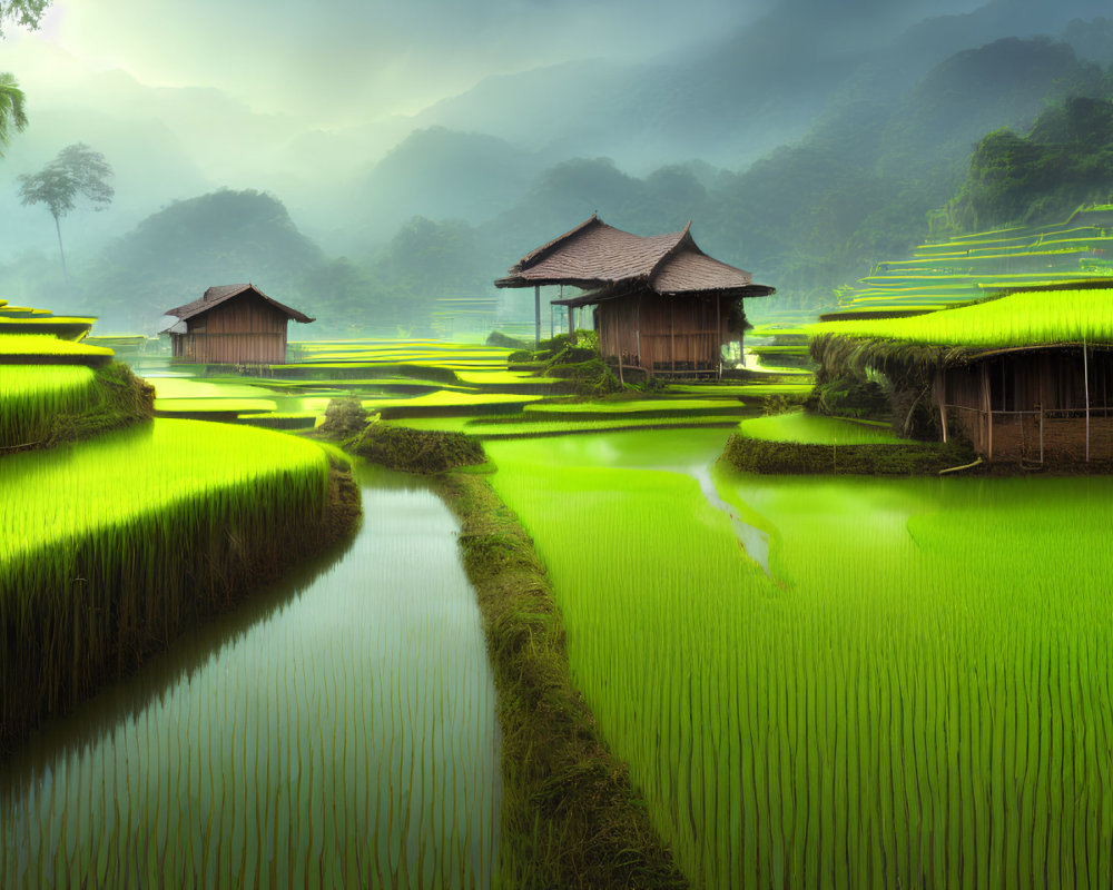 Picturesque terraced rice fields with traditional huts and misty hills