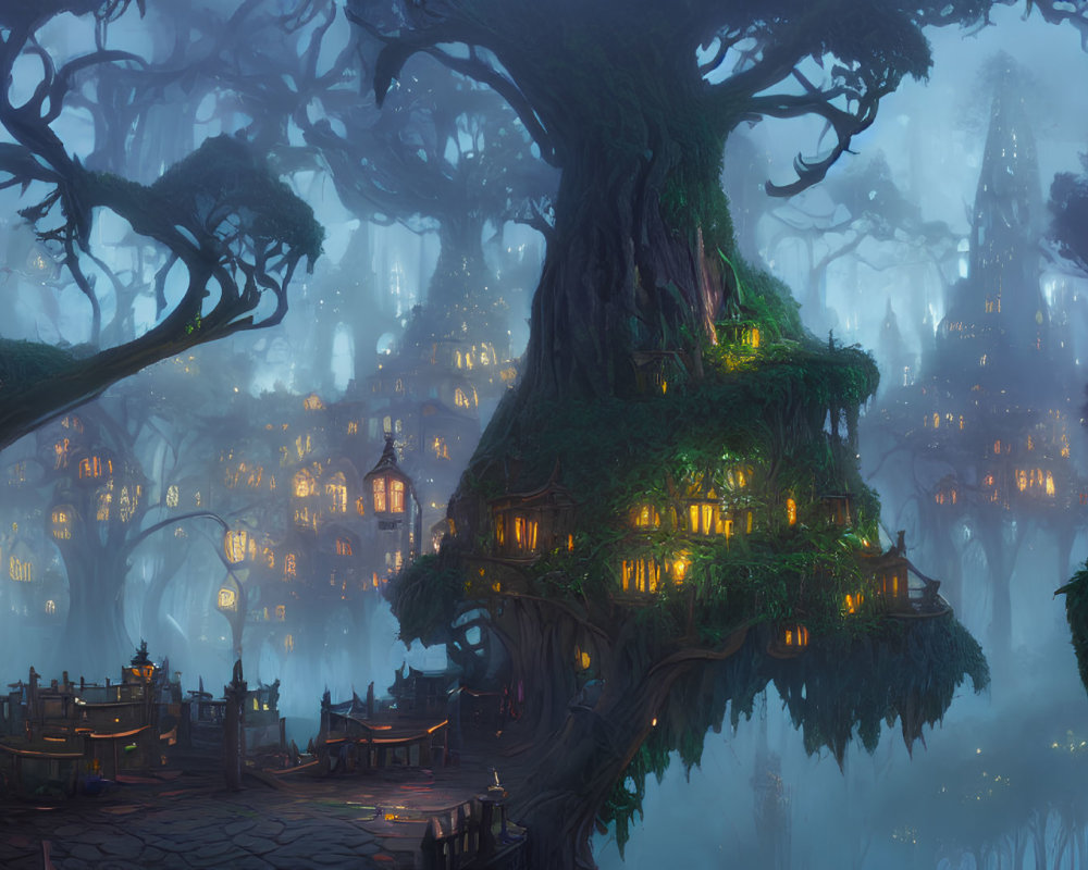 Enchanting forest scene with lantern-lit trees and castle silhouette