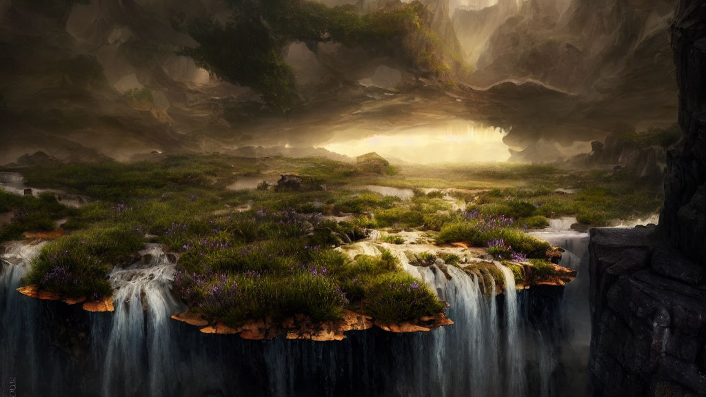 Mystical landscape featuring waterfalls under rock formation