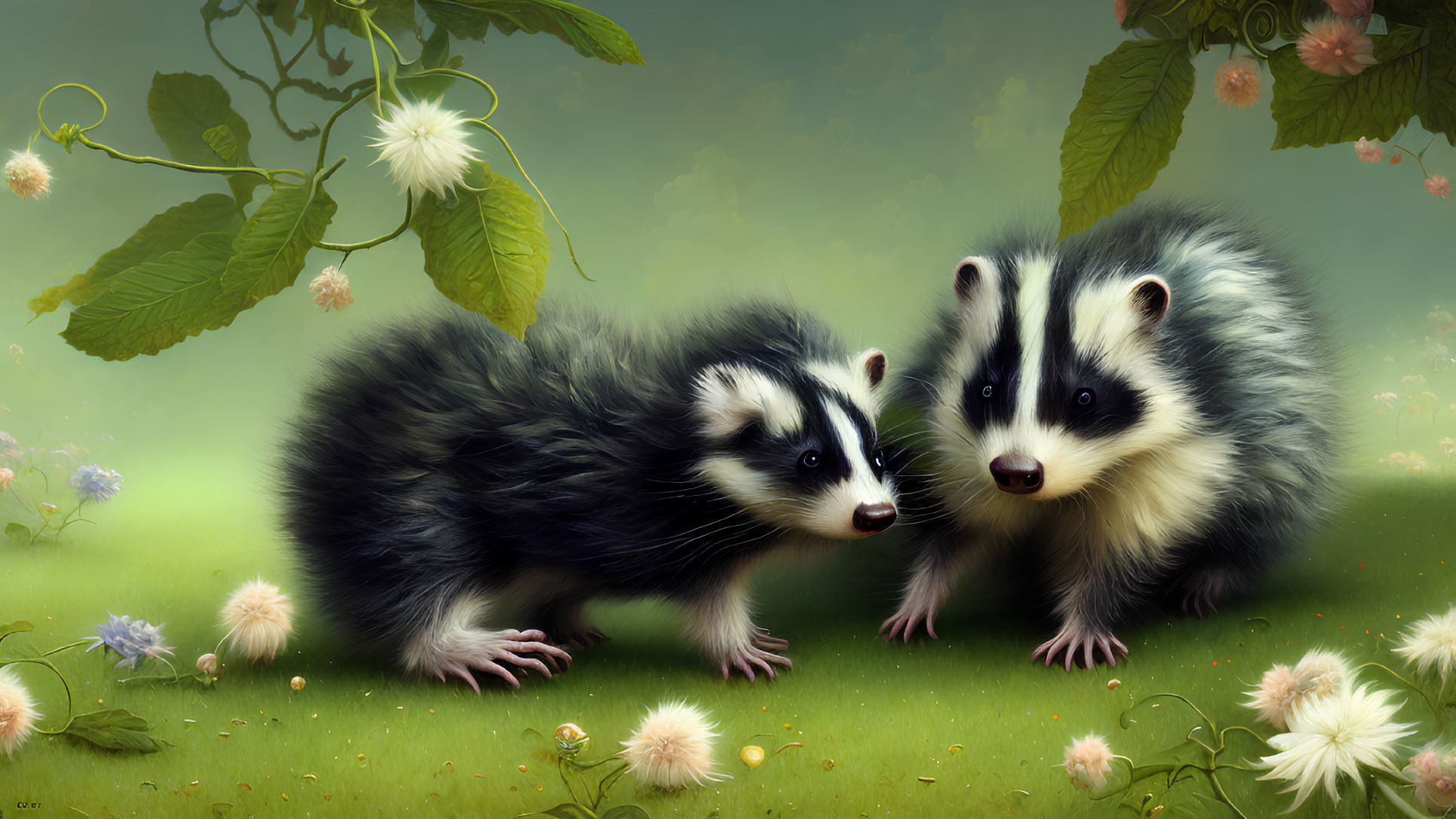 Realistic skunks in nature setting with flowers and soft focus background