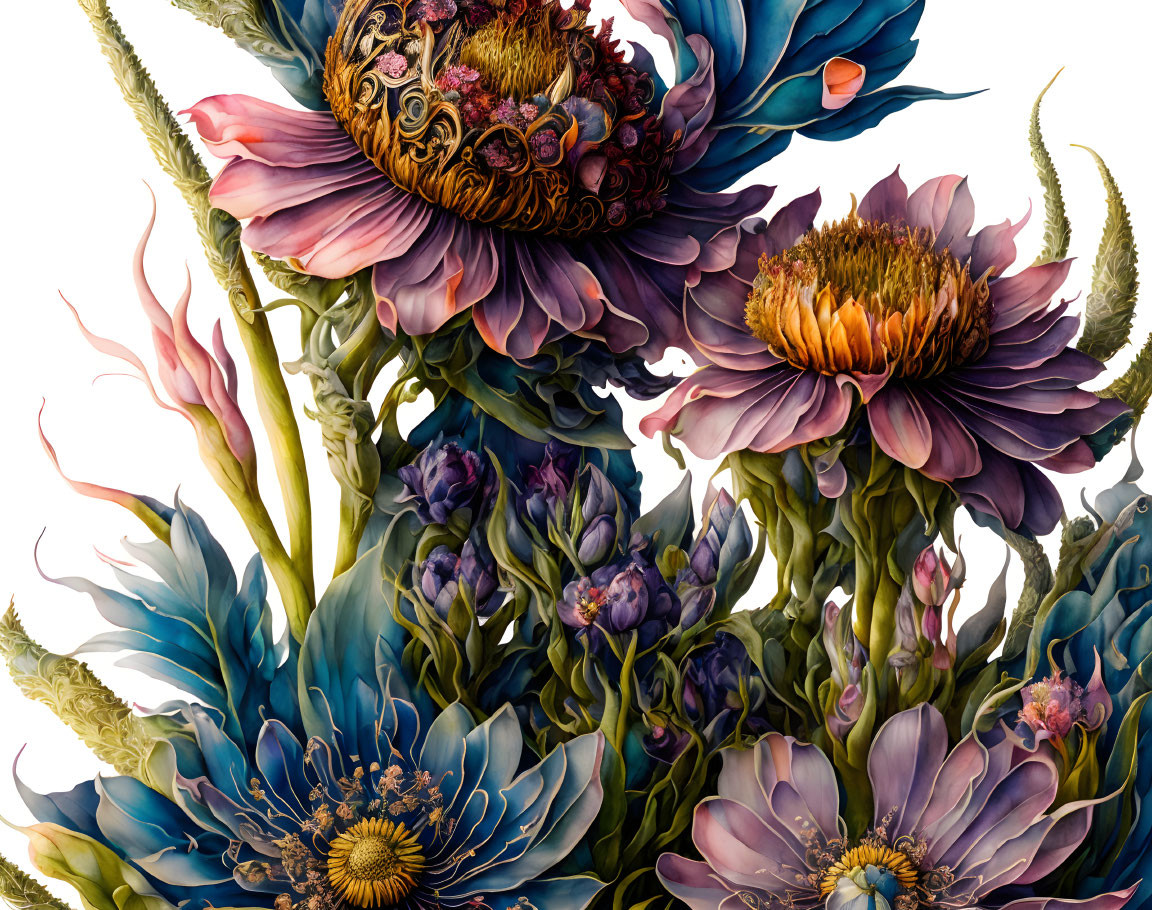 Colorful Oversized Flowers Digital Painting with Purple, Blue, and Green Hues