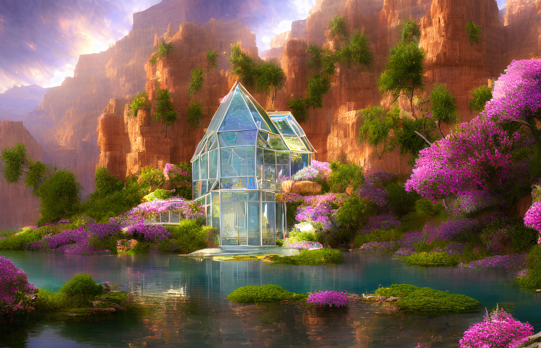 Tranquil Glasshouse Amidst Purple Flora and Sunset Cliffs