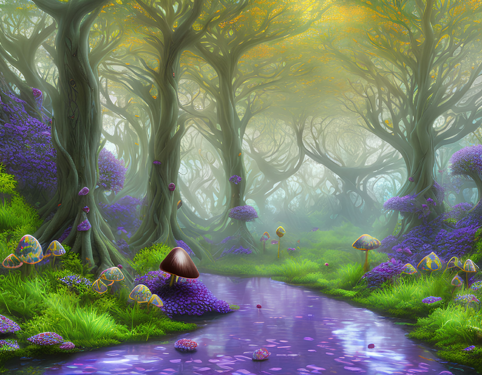 Mystical forest scene with purple flora, mushrooms, mist, and golden-lit trees
