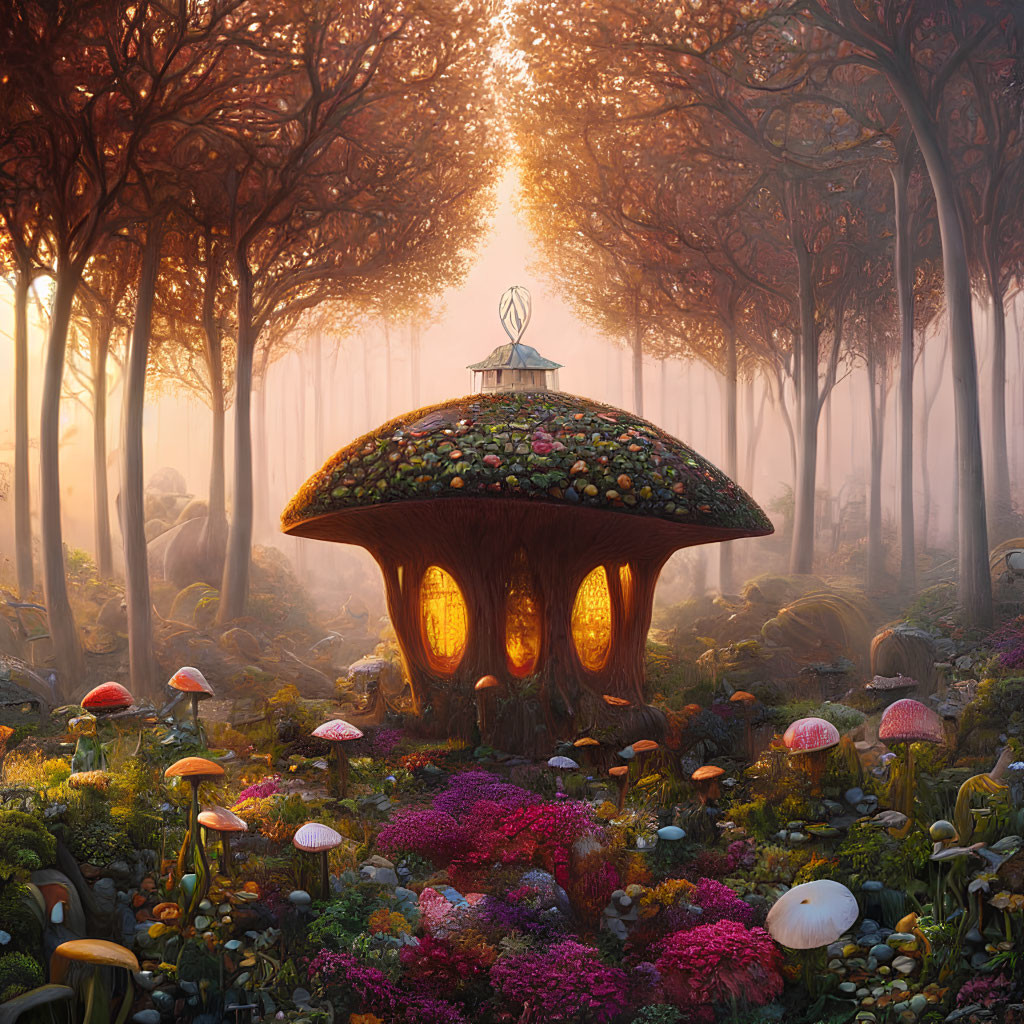 Enchanted forest scene with large mushroom house and colorful flora