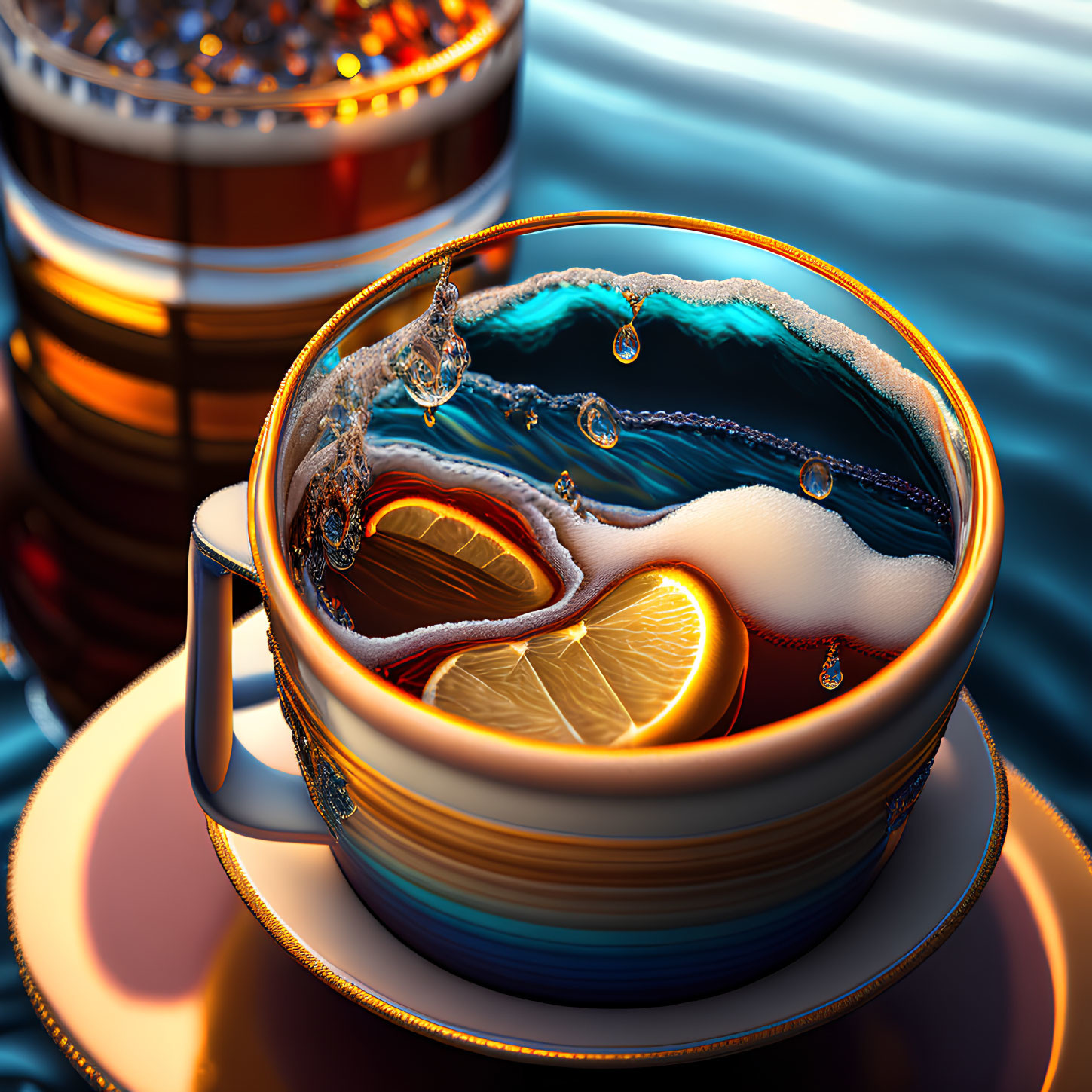 Colorful Ceramic Cup with Tea Bag, Lemon Slice, and Splash on Saucer
