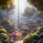 Tranquil Forest Path with Pink Flowering Trees