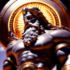 Muscular bearded male in golden armor with golden wheel in 3D render