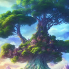 Whimsical artwork of magical tree with enchanted village in misty mountains