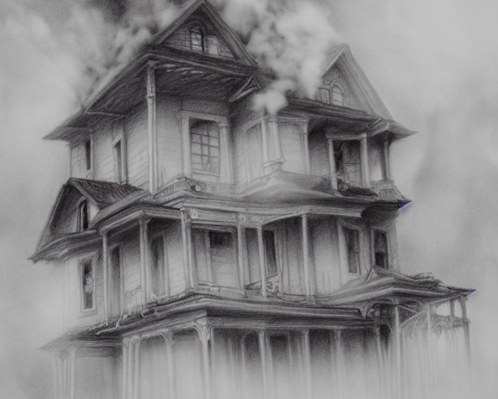 Monochrome sketch of Victorian haunted house in mist.