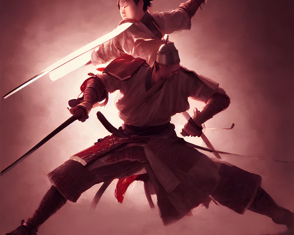 Traditional attired warriors in dynamic combat stances with katana and drawn sword.
