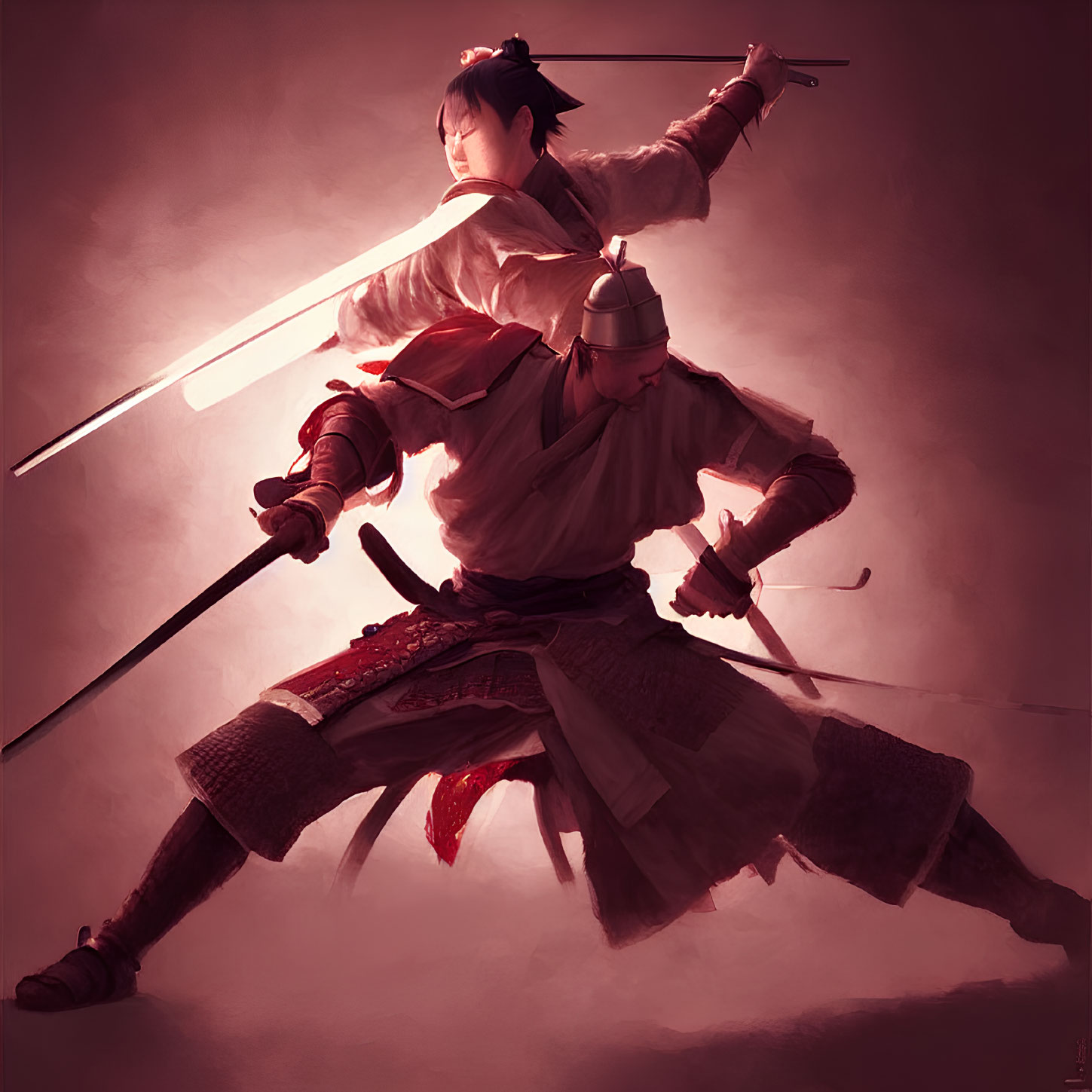 Traditional attired warriors in dynamic combat stances with katana and drawn sword.